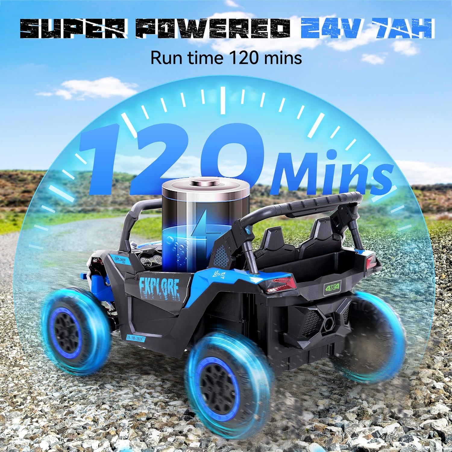 Tengen 2 Seater Kids Ride on Car, Electric 4WD Off-Road UTV Truck, 7Ah Large Battery Kids Electric Car with Remote Control, Safety Belt, Horn, Music, and Lights for Aged 3-8 Years Blue