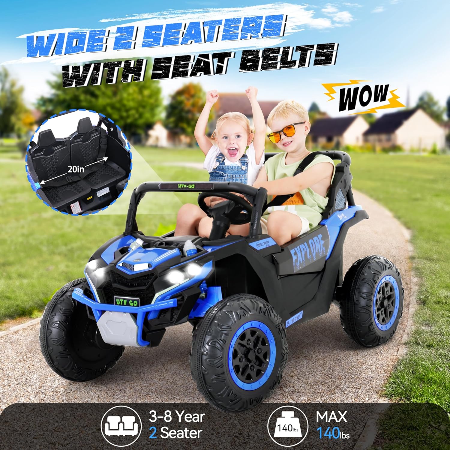 Tengen 2 Seater Kids Ride on Car, Electric 4WD Off-Road UTV Truck, 7Ah Large Battery Kids Electric Car with Remote Control, Safety Belt, Horn, Music, and Lights for Aged 3-8 Years Blue