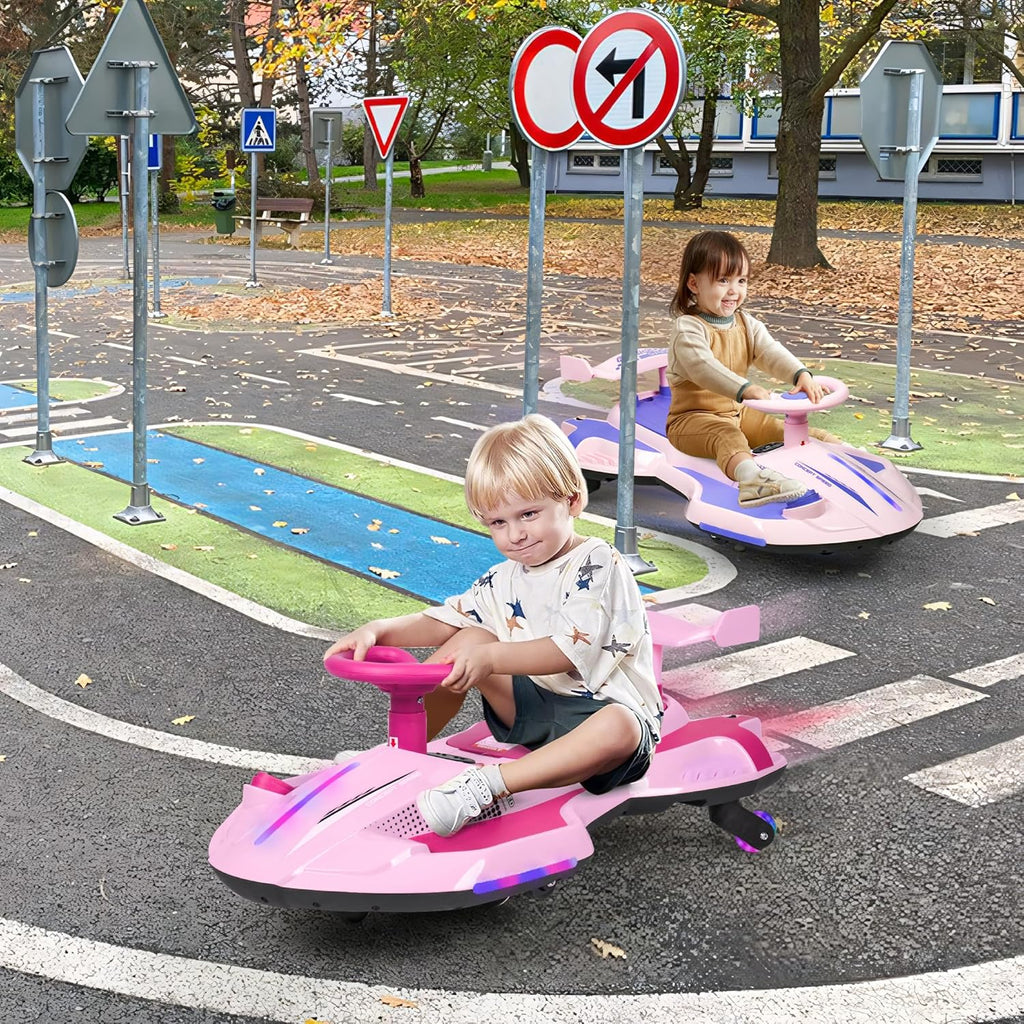 12V Electric Wiggle Car with Pedal for Kids, Rechargeable 2 in 1 Swing Car, Drifting Ride On Toys with Backrest, Anti-Rollover, Spray, Flashing Light, Music, for Ages 3 and Up